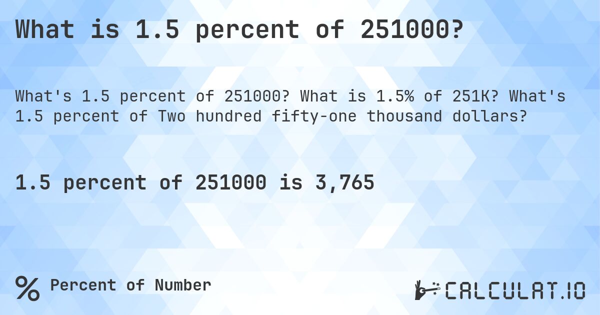 What is 1.5 percent of 251000?. What is 1.5% of 251K? What's 1.5 percent of Two hundred fifty-one thousand dollars?