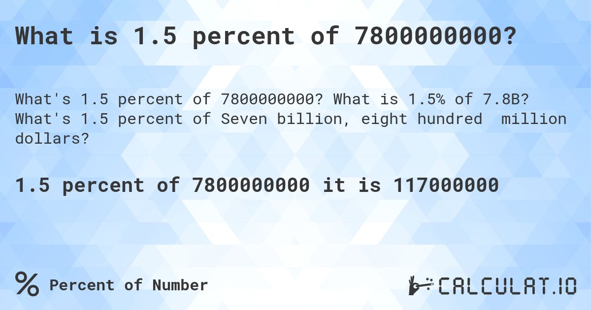 What is 1.5 percent of 7800000000?. What is 1.5% of 7.8B? What's 1.5 percent of Seven billion, eight hundred million dollars?