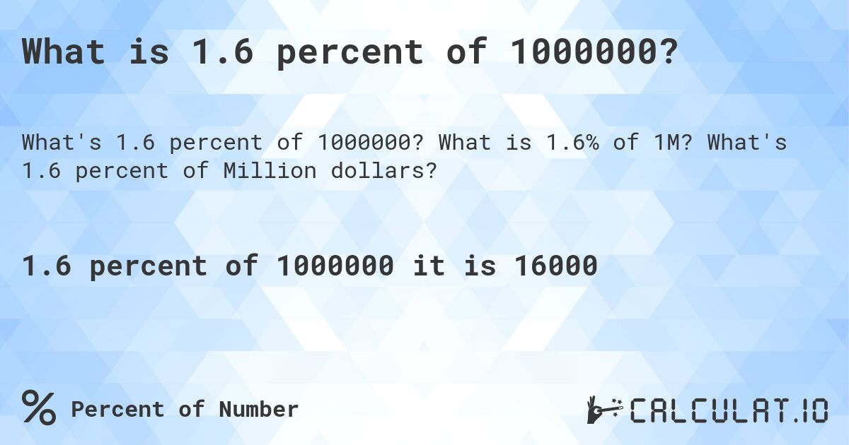 What is 1.6 percent of 1000000?. What is 1.6% of 1M? What's 1.6 percent of Million dollars?
