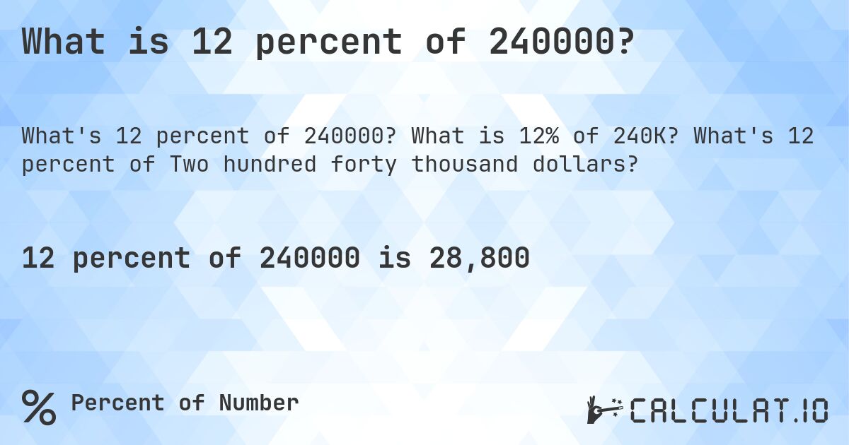 What is 12 percent of 240000?. What is 12% of 240K? What's 12 percent of Two hundred forty thousand dollars?