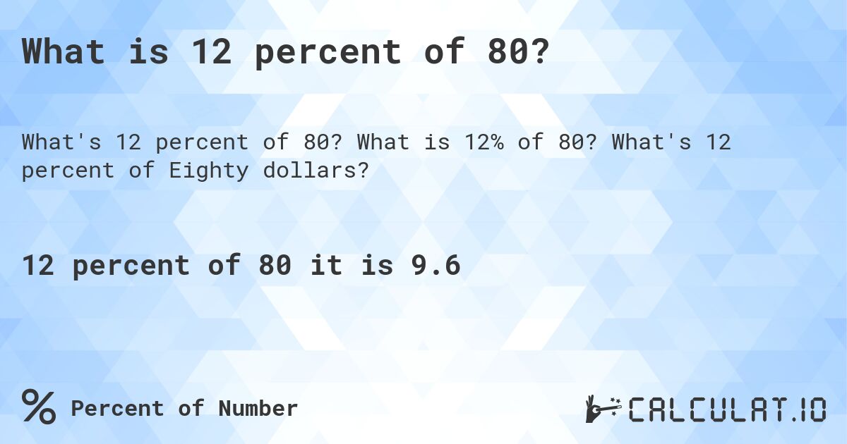 What is 12 percent of 80?. What is 12% of 80? What's 12 percent of Eighty dollars?
