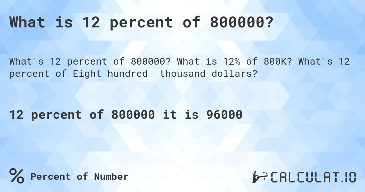 What is 12 percent of 800000?. What is 12% of 800K? What's 12 percent of Eight hundred thousand dollars?