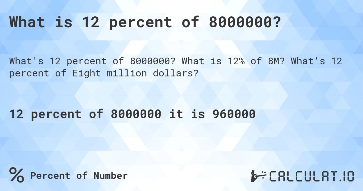 What is 12 percent of 8000000?. What is 12% of 8M? What's 12 percent of Eight million dollars?