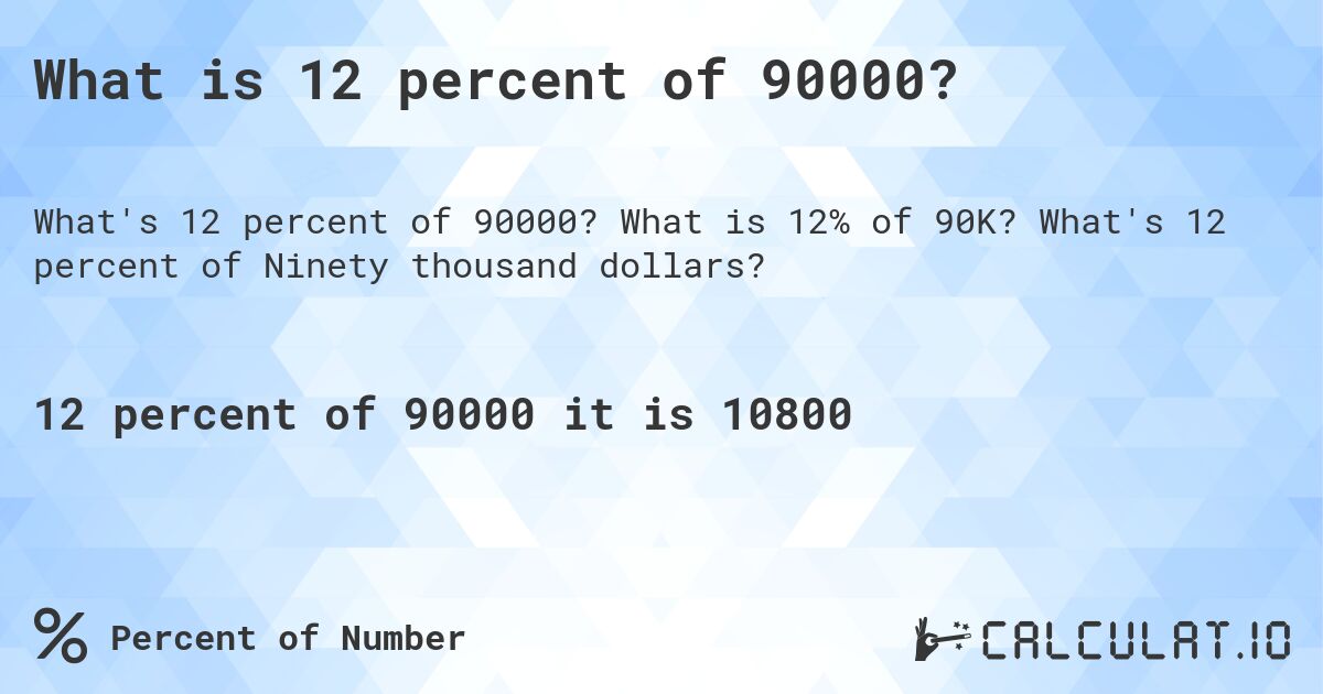 What is 12 percent of 90000?. What is 12% of 90K? What's 12 percent of Ninety thousand dollars?