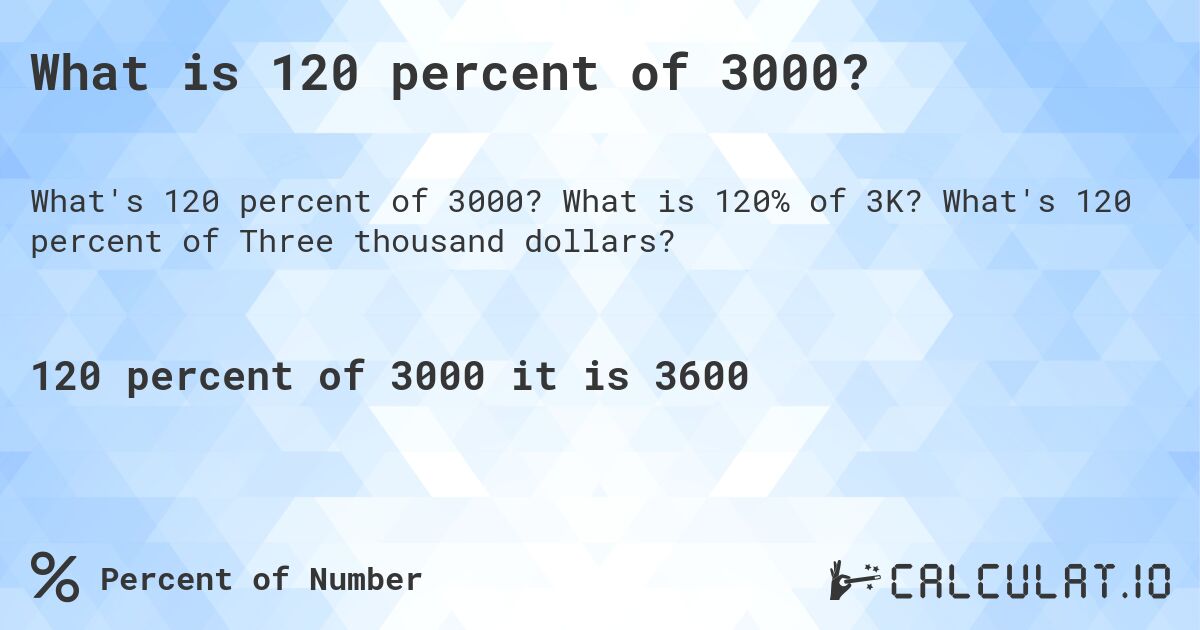 What is 120 percent of 3000?. What is 120% of 3K? What's 120 percent of Three thousand dollars?