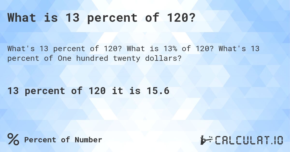 What is 13 percent of 120?. What is 13% of 120? What's 13 percent of One hundred twenty dollars?