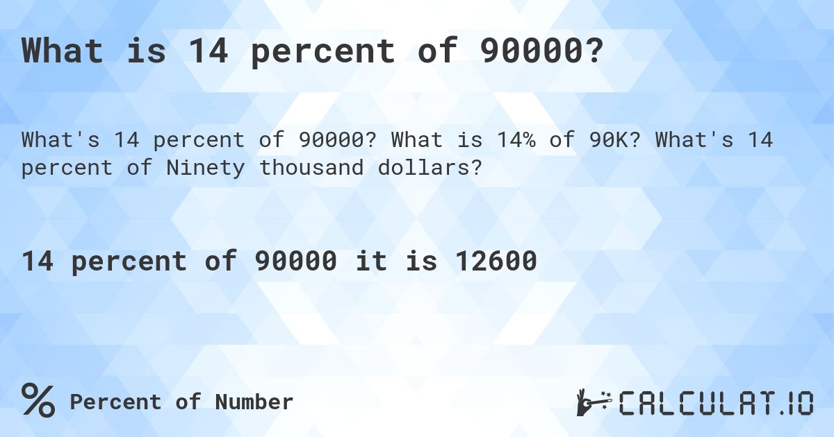 What is 14 percent of 90000?. What is 14% of 90K? What's 14 percent of Ninety thousand dollars?