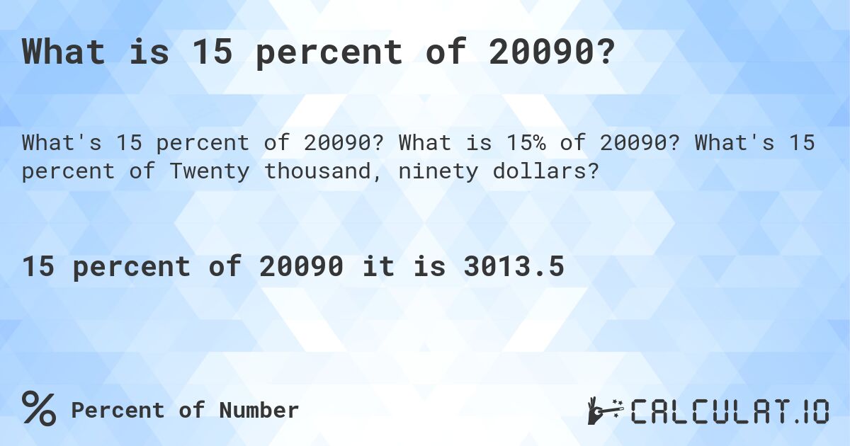 What is 15 percent of 20090?. What is 15% of 20090? What's 15 percent of Twenty thousand, ninety dollars?