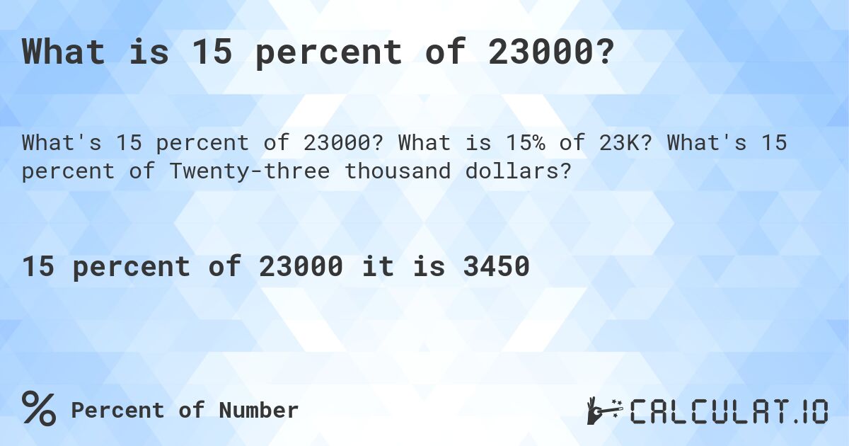 What is 15 percent of 23000?. What is 15% of 23K? What's 15 percent of Twenty-three thousand dollars?