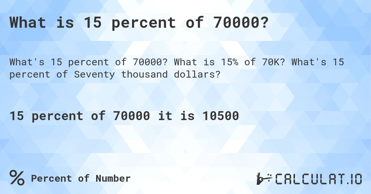 What is 15 percent of 70000?. What is 15% of 70K? What's 15 percent of Seventy thousand dollars?