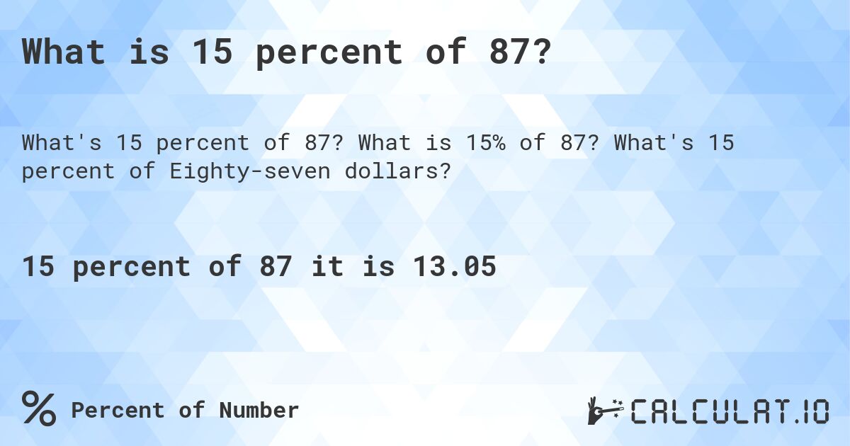 What is 15 percent of 87?. What is 15% of 87? What's 15 percent of Eighty-seven dollars?