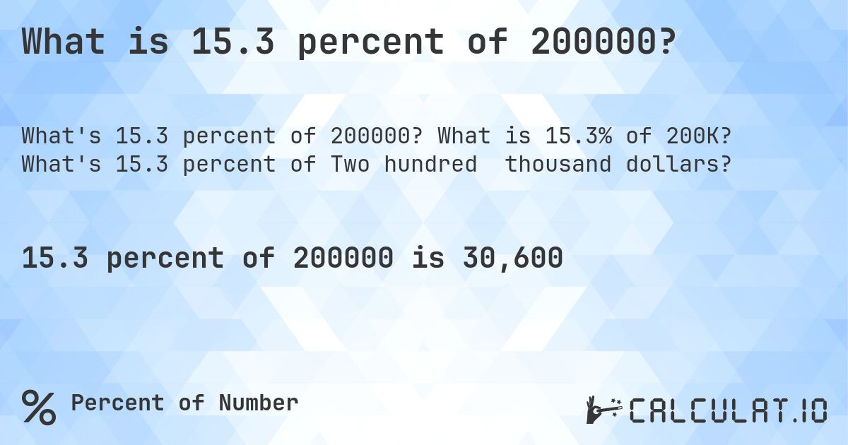 What is 15.3 percent of 200000?. What is 15.3% of 200K? What's 15.3 percent of Two hundred  thousand dollars?