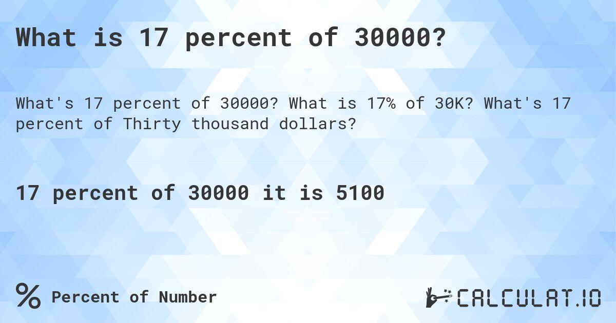 What is 17 percent of 30000?. What is 17% of 30K? What's 17 percent of Thirty thousand dollars?