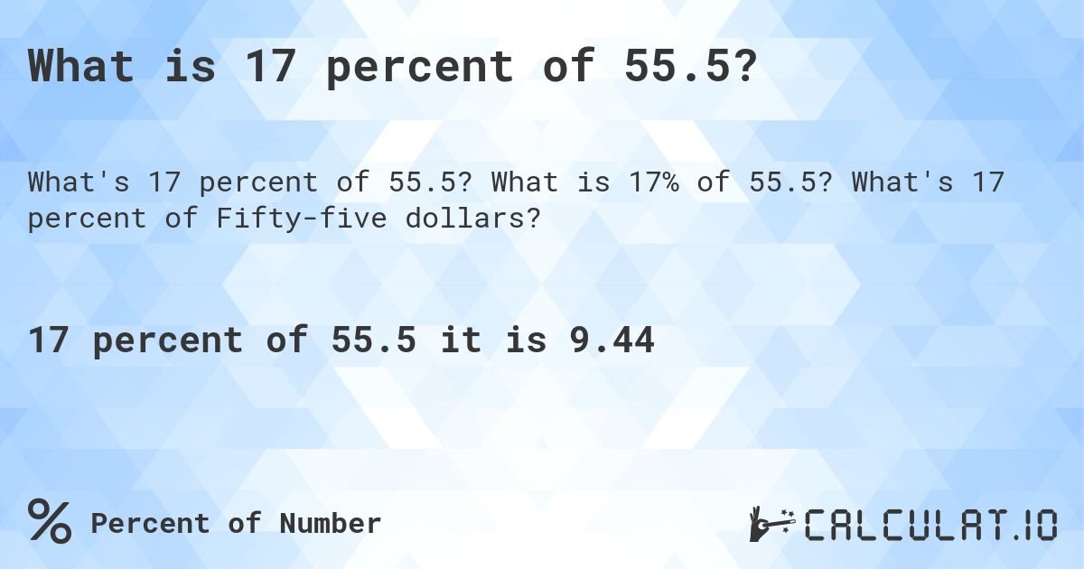What is 17 percent of 55.5?. What is 17% of 55.5? What's 17 percent of Fifty-five dollars?