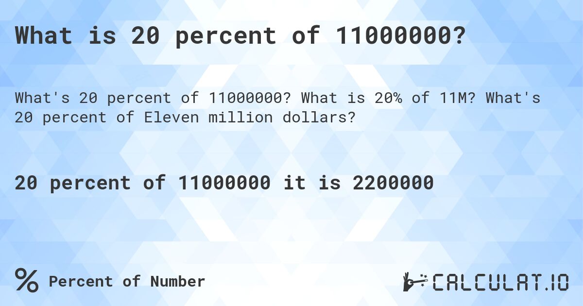 What is 20 percent of 11000000?. What is 20% of 11M? What's 20 percent of Eleven million dollars?