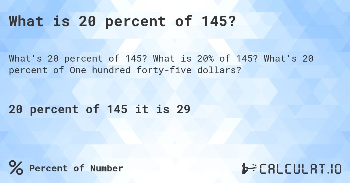 What is 20 percent of 145?. What is 20% of 145? What's 20 percent of One hundred forty-five dollars?