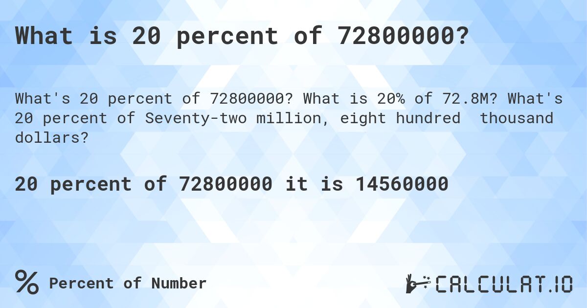 What is 20 percent of 72800000?. What is 20% of 72.8M? What's 20 percent of Seventy-two million, eight hundred thousand dollars?