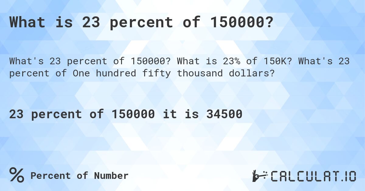 What is 23 percent of 150000?. What is 23% of 150K? What's 23 percent of One hundred fifty thousand dollars?