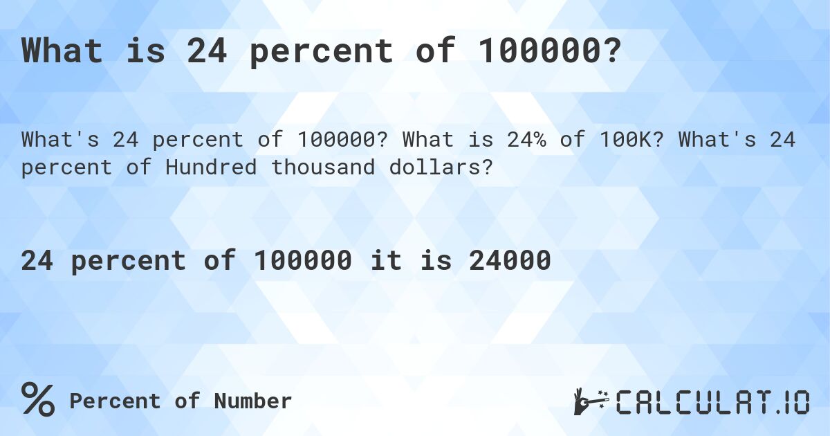 What is 24 percent of 100000?. What is 24% of 100K? What's 24 percent of Hundred thousand dollars?