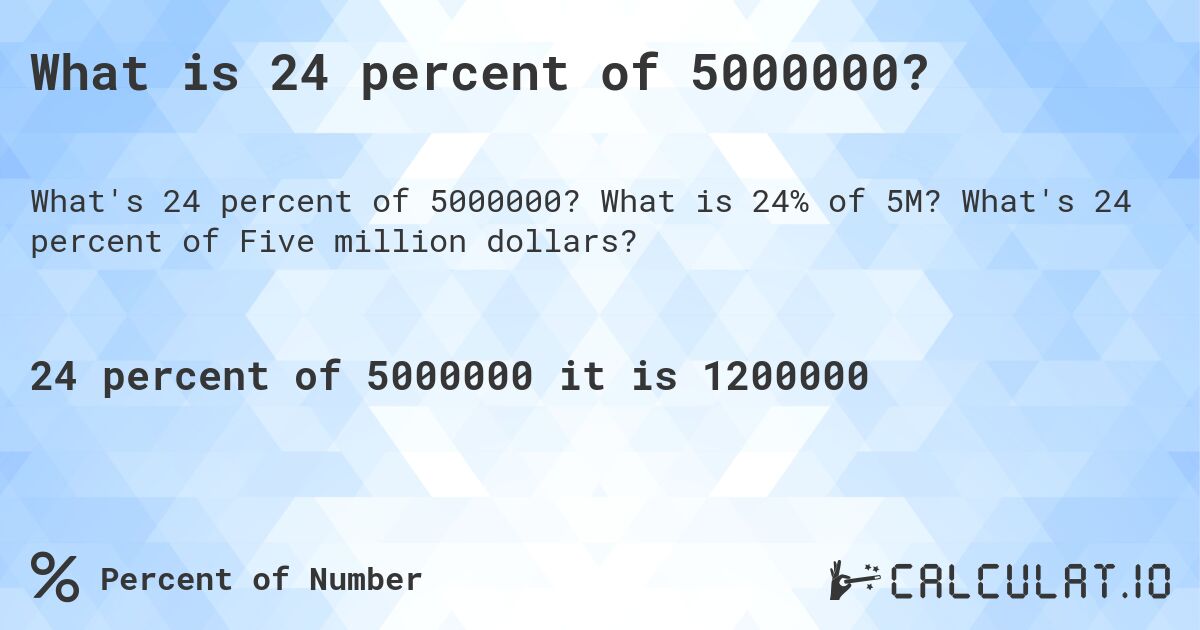 What is 24 percent of 5000000?. What is 24% of 5M? What's 24 percent of Five million dollars?