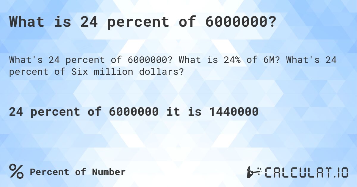 What is 24 percent of 6000000?. What is 24% of 6M? What's 24 percent of Six million dollars?