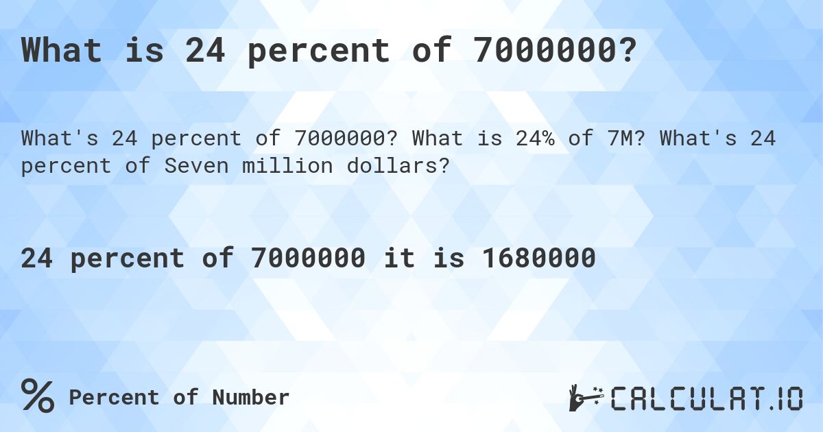 What is 24 percent of 7000000?. What is 24% of 7M? What's 24 percent of Seven million dollars?