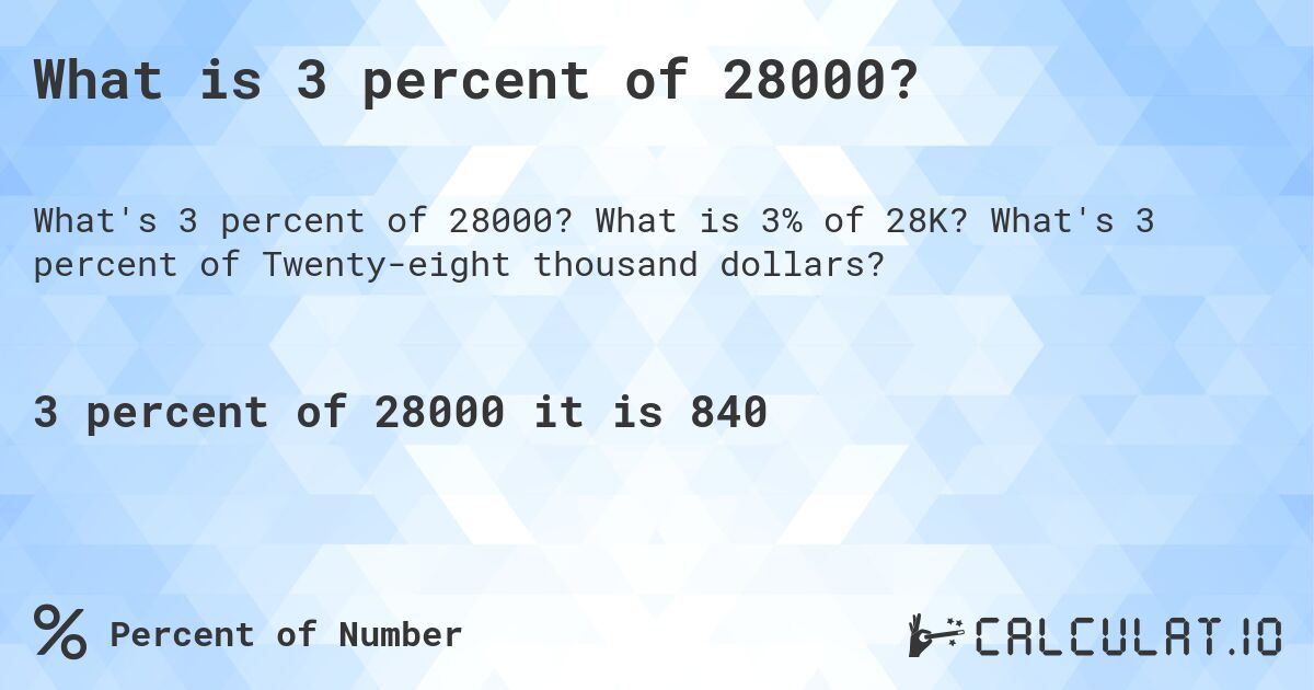 What is 3 percent of 28000?. What is 3% of 28K? What's 3 percent of Twenty-eight thousand dollars?