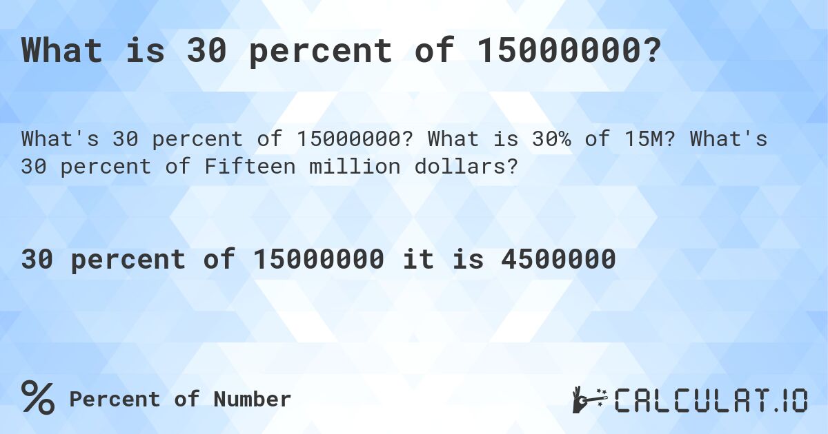 What is 30 percent of 15000000?. What is 30% of 15M? What's 30 percent of Fifteen million dollars?