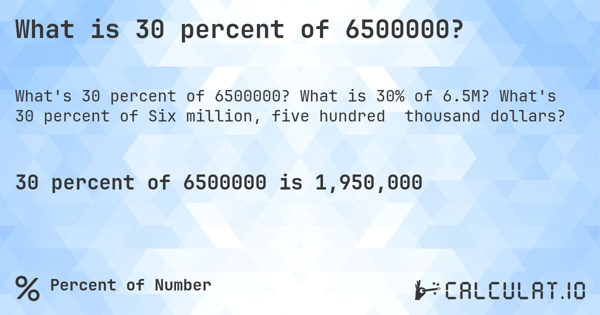 What is 30 percent of 6500000?. What is 30% of 6.5M? What's 30 percent of Six million, five hundred thousand dollars?