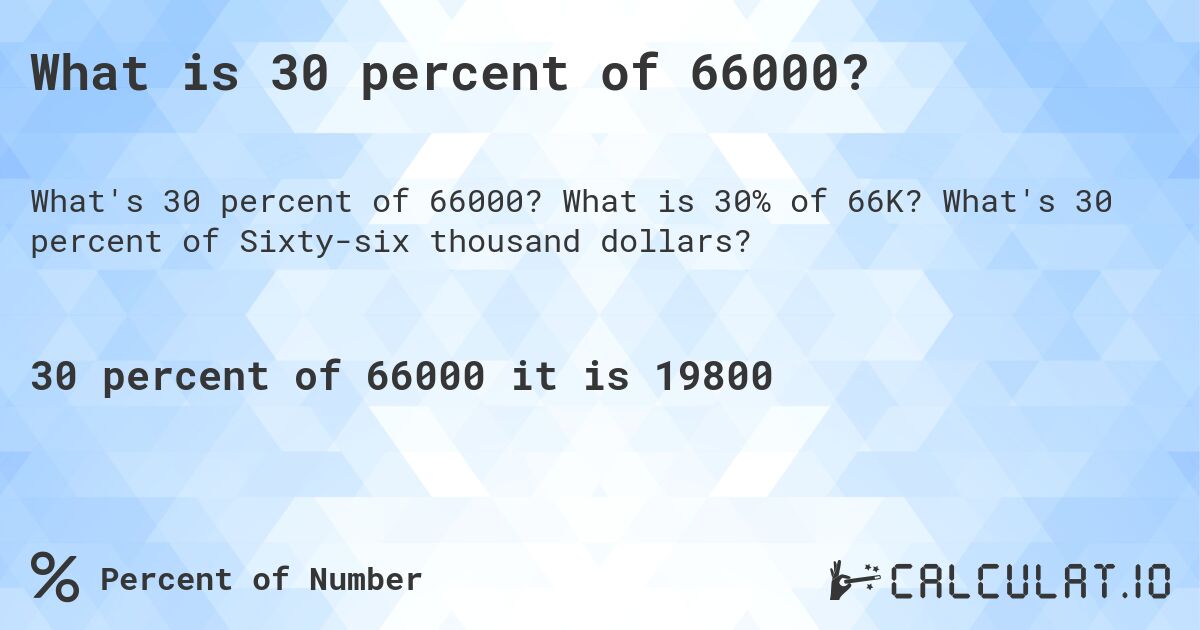 What is 30 percent of 66000?. What is 30% of 66K? What's 30 percent of Sixty-six thousand dollars?