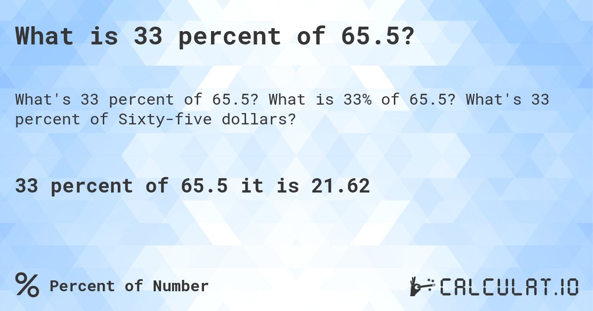 What is 33 percent of 65.5?. What is 33% of 65.5? What's 33 percent of Sixty-five dollars?