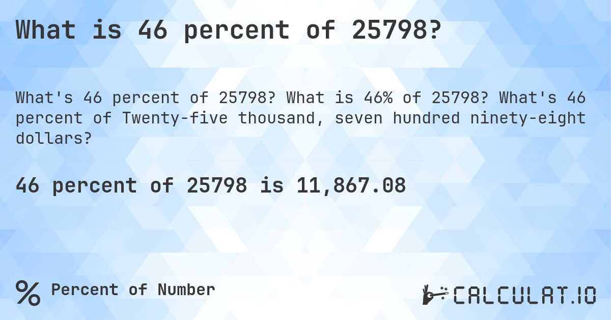 What is 46 percent of 25798?. What is 46% of 25798? What's 46 percent of Twenty-five thousand, seven hundred ninety-eight dollars?
