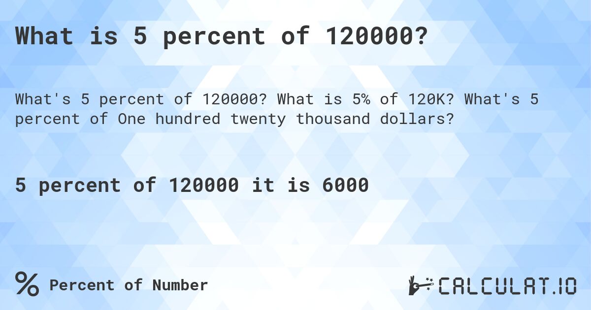 What is 5 percent of 120000?. What is 5% of 120K? What's 5 percent of One hundred twenty thousand dollars?