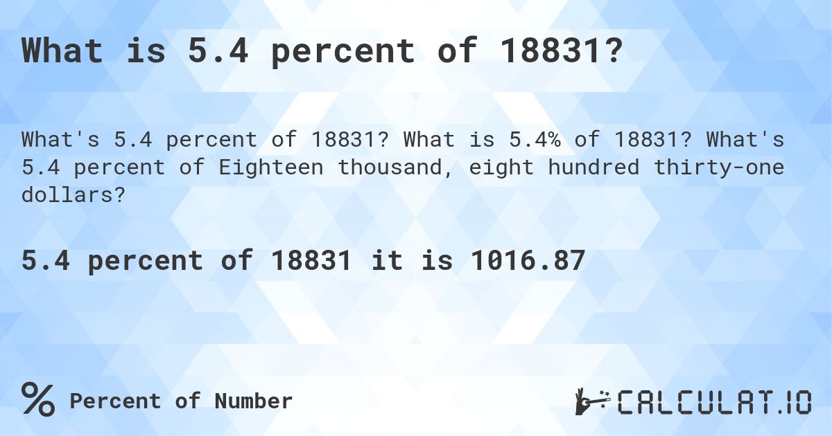 What is 5.4 percent of 18831?. What is 5.4% of 18831? What's 5.4 percent of Eighteen thousand, eight hundred thirty-one dollars?