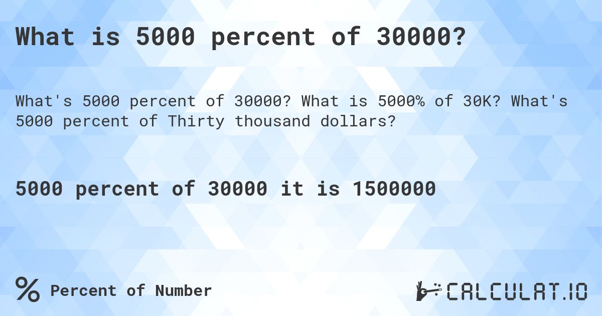 What is 5000 percent of 30000?. What is 5000% of 30K? What's 5000 percent of Thirty thousand dollars?