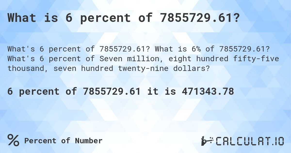 What is 6 percent of 7855729.61?. What is 6% of 7855729.61? What's 6 percent of Seven million, eight hundred fifty-five thousand, seven hundred twenty-nine dollars?