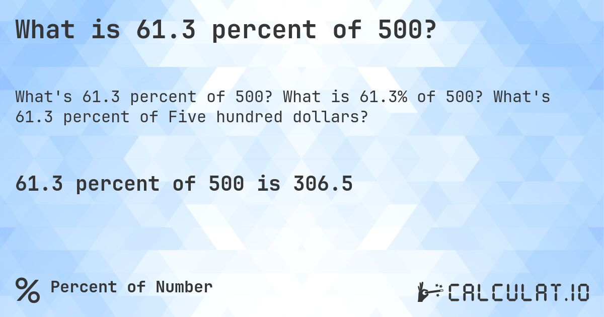 What is 61.3 percent of 500?. What is 61.3% of 500? What's 61.3 percent of Five hundred dollars?