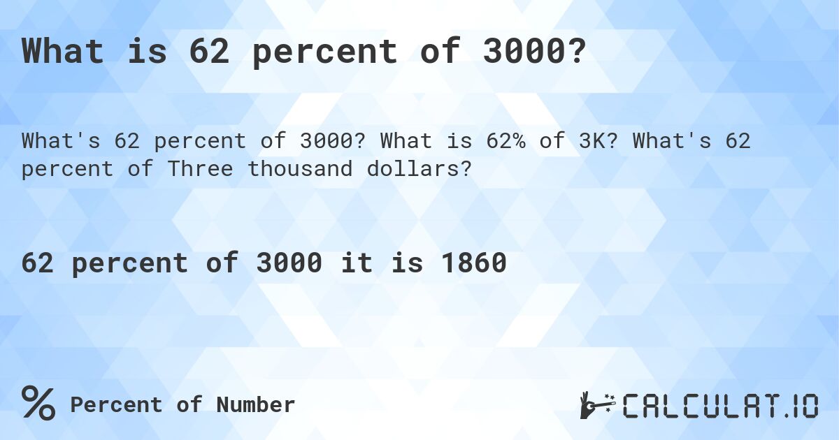 What is 62 percent of 3000?. What is 62% of 3K? What's 62 percent of Three thousand dollars?