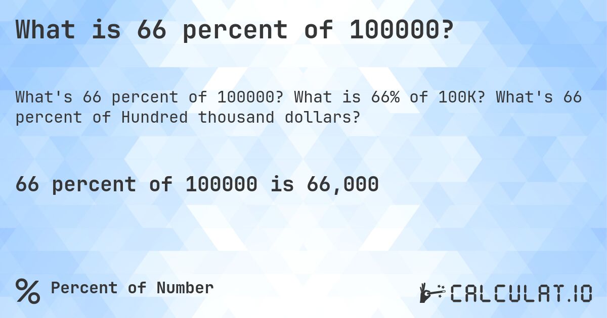 What is 66 percent of 100000?. What is 66% of 100K? What's 66 percent of Hundred thousand dollars?