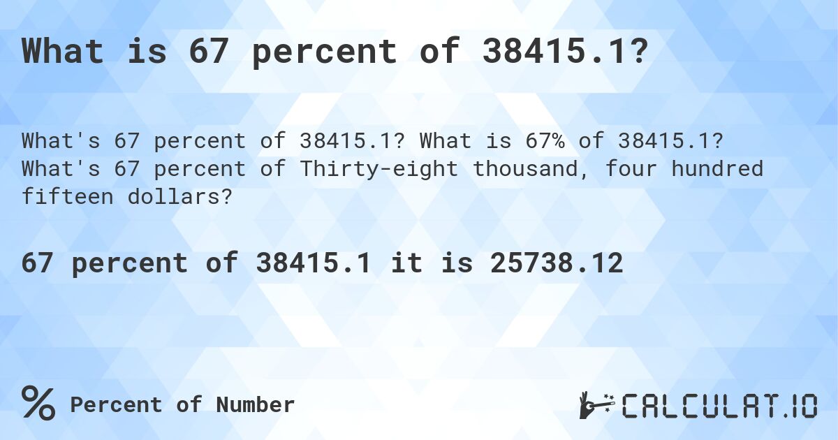 What is 67 percent of 38415.1?. What is 67% of 38415.1? What's 67 percent of Thirty-eight thousand, four hundred fifteen dollars?