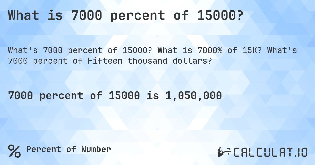 What is 7000 percent of 15000?. What is 7000% of 15K? What's 7000 percent of Fifteen thousand dollars?