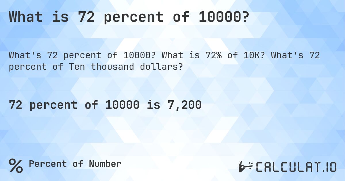 What is 72 percent of 10000?. What is 72% of 10K? What's 72 percent of Ten thousand dollars?