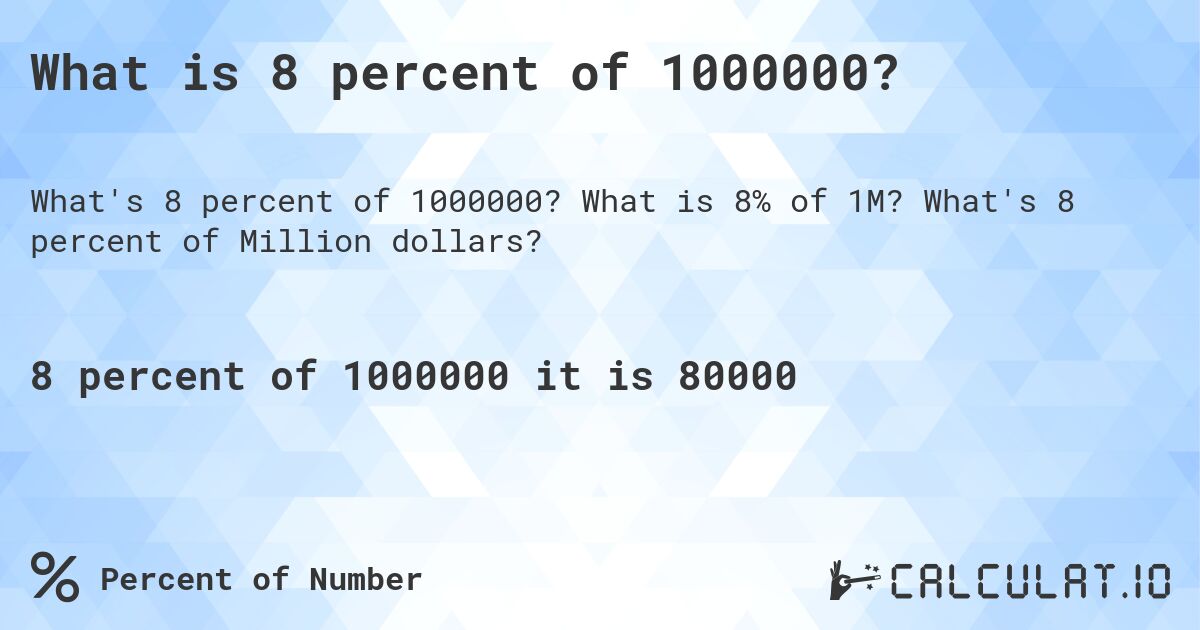 What is 8 percent of 1000000?. What is 8% of 1M? What's 8 percent of Million dollars?
