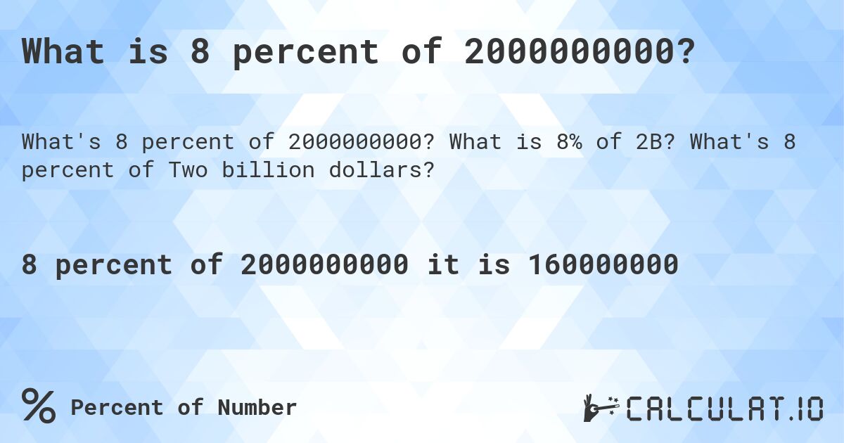 What is 8 percent of 2000000000?. What is 8% of 2B? What's 8 percent of Two billion dollars?