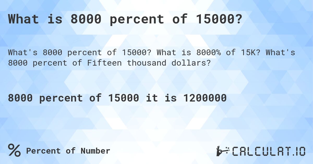 What is 8000 percent of 15000?. What is 8000% of 15K? What's 8000 percent of Fifteen thousand dollars?