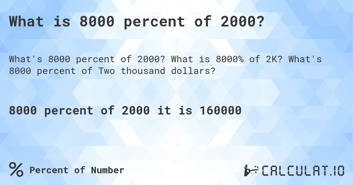 What is 8000 percent of 2000?. What is 8000% of 2K? What's 8000 percent of Two thousand dollars?