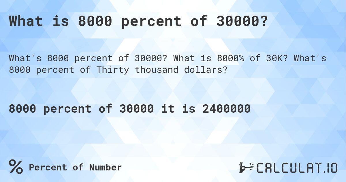 What is 8000 percent of 30000?. What is 8000% of 30K? What's 8000 percent of Thirty thousand dollars?