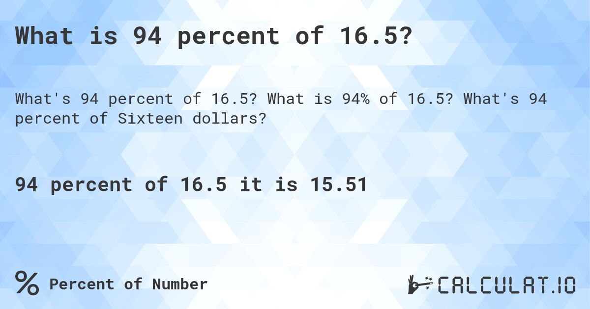 What is 94 percent of 16.5?. What is 94% of 16.5? What's 94 percent of Sixteen dollars?