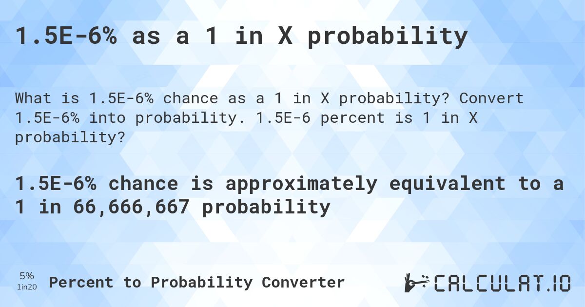 1.5E-6% as a 1 in X probability. Convert 1.5E-6% into probability. 1.5E-6 percent is 1 in X probability?