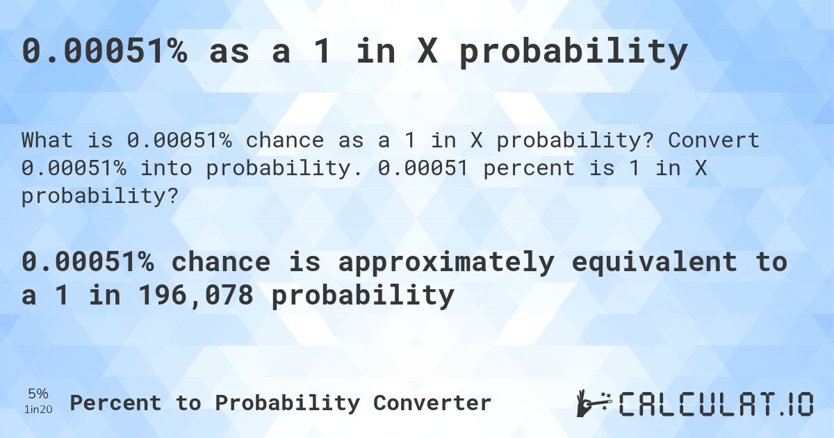 0.00051% as a 1 in X probability. Convert 0.00051% into probability. 0.00051 percent is 1 in X probability?